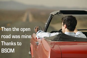 Man in red car with the quote then the open road was mine, thanks to BSOM